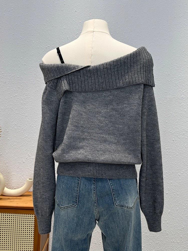 Women's Lace Off-The-Shoulder Long-Sleeve Knit Sweater Coat - Faux Two-Piece Design for Autumn/Winter