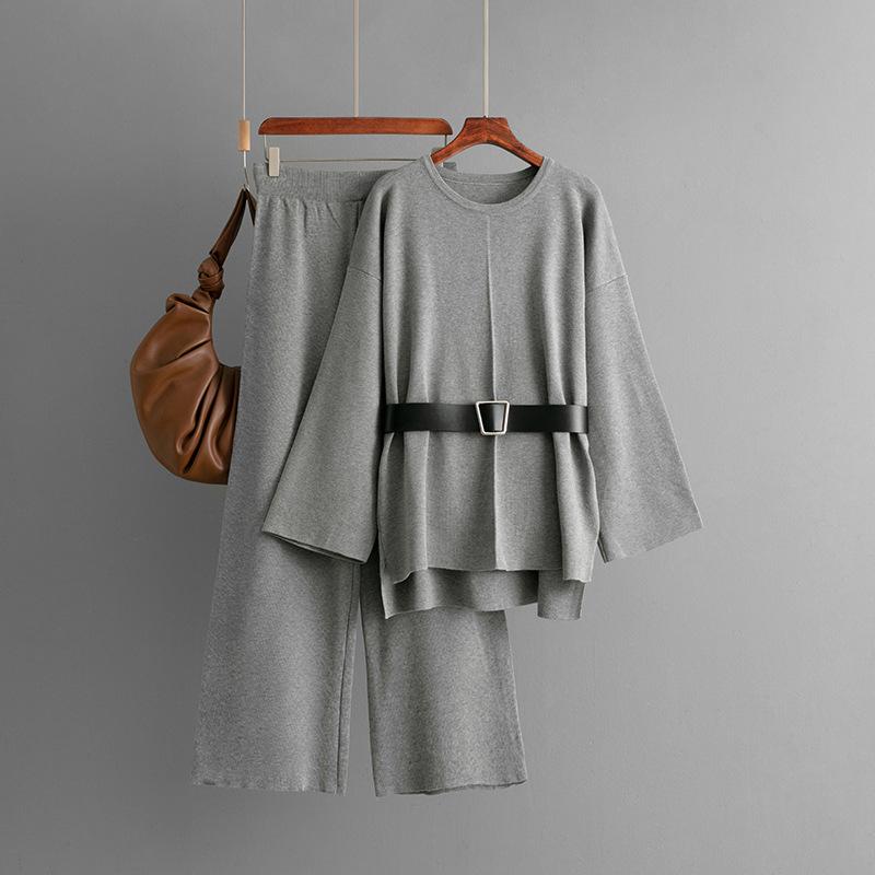 A New Autumn and Winter Fashion Set for Women, Featuring A Knitted Belt Top, Loose High-waisted Wide-leg Pants and Two Pieces