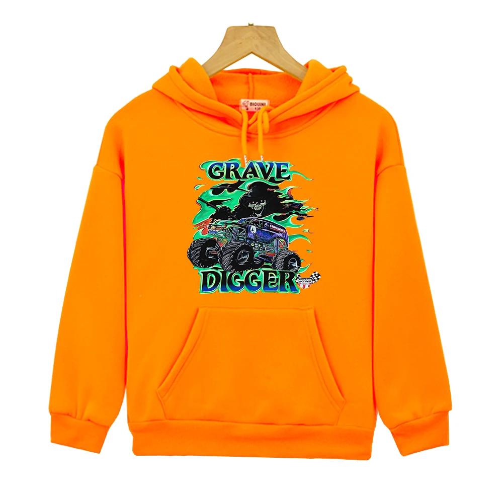 Grave Digger Cartoon Hoodies Comfortable Casual Boys/Girls Sweatshirts with Hooded Long Sleeve Children Casual Pullovers Pocket