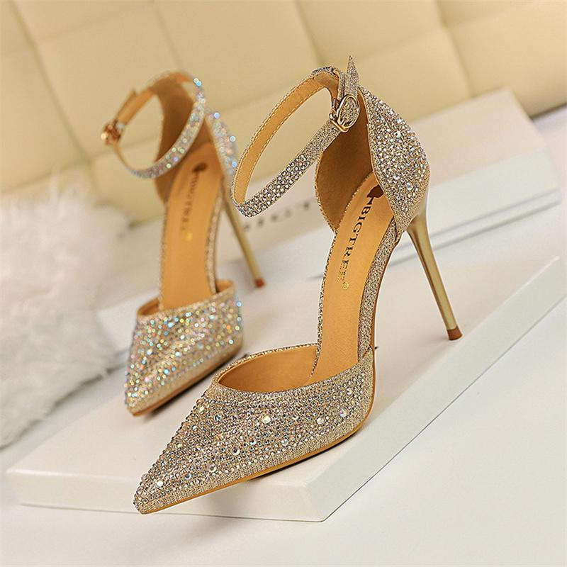 Fashion Women Shallow Mouth Pointed Toe Hollow High Heels Sandals Wedding Champagne Gold Pumps Crystal Glitter Rhinestone Sandals