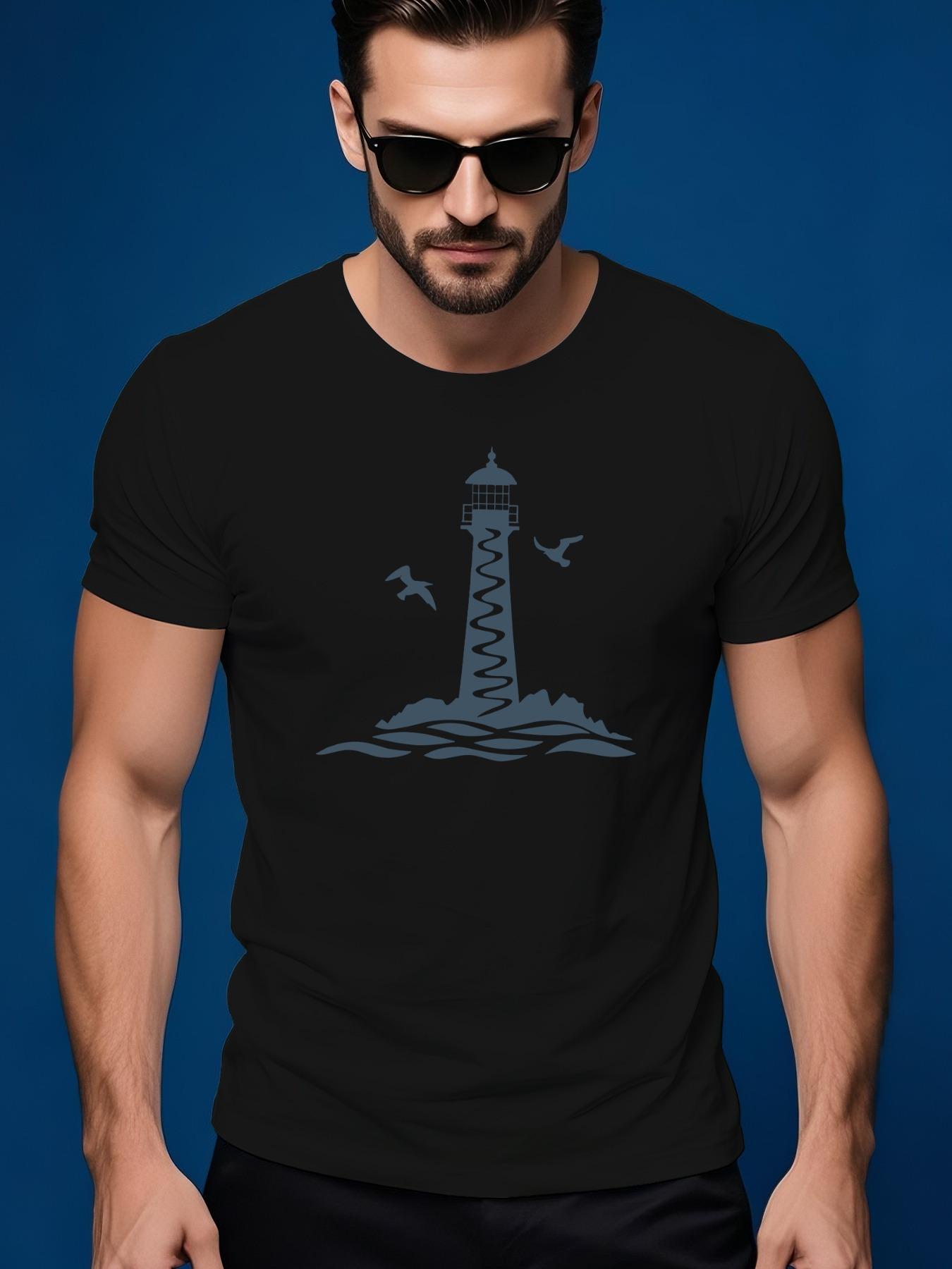 Summer Cotton Crew Neck Tshirt with Lighthouse Birds Grap... L