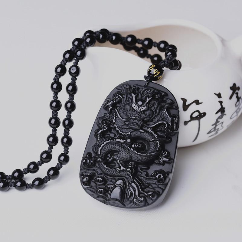 Natural Black Obsidian Chinese Dragon Pendant Jade Necklace Jewelry Amulet Lucky Mens Gift