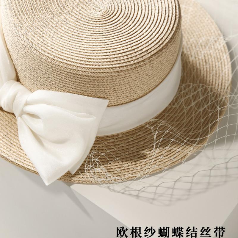 Hepburn Style Mesh Straw Hat For Women, French White Flat Top Sun Cap, Summer New Sun Protection Fedora