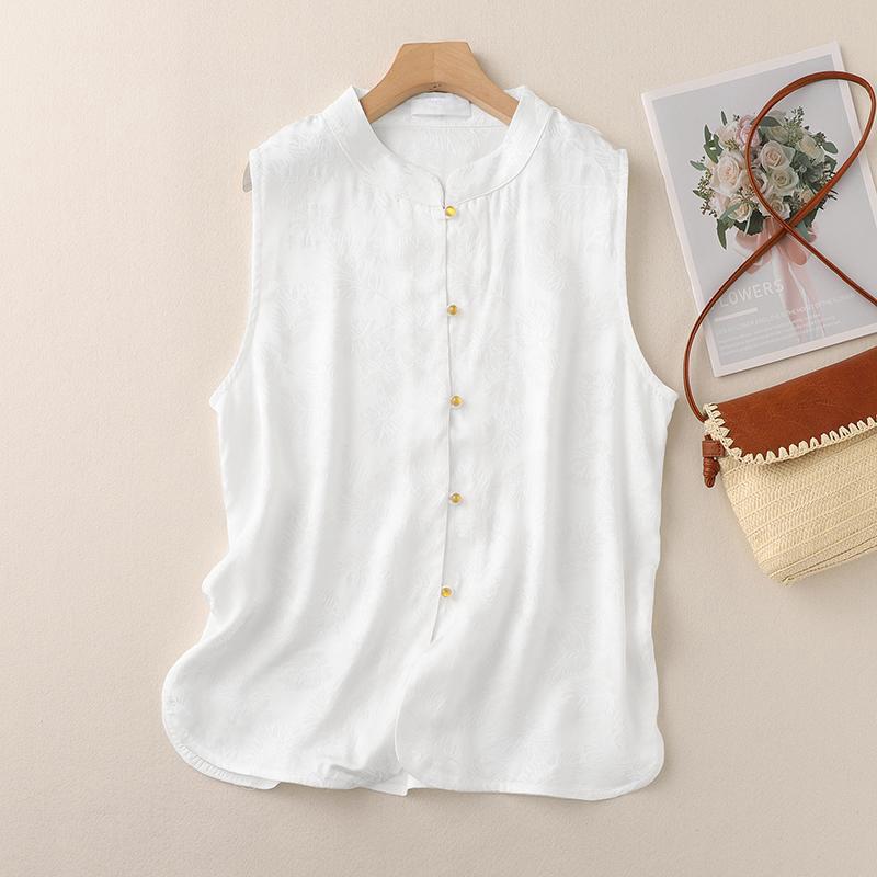 Tencel Jacquard Chinese-Style Stand Collar Women s Retro Vest-Shirt XXL