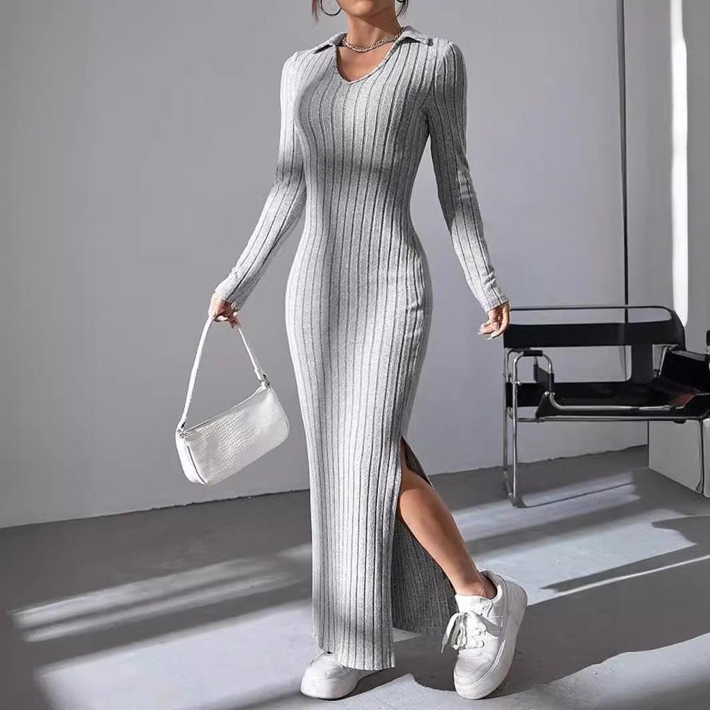 2024 Spring/Summer Women's Ribbed Knit Slim Fit Long Sleeve Lapel Dress