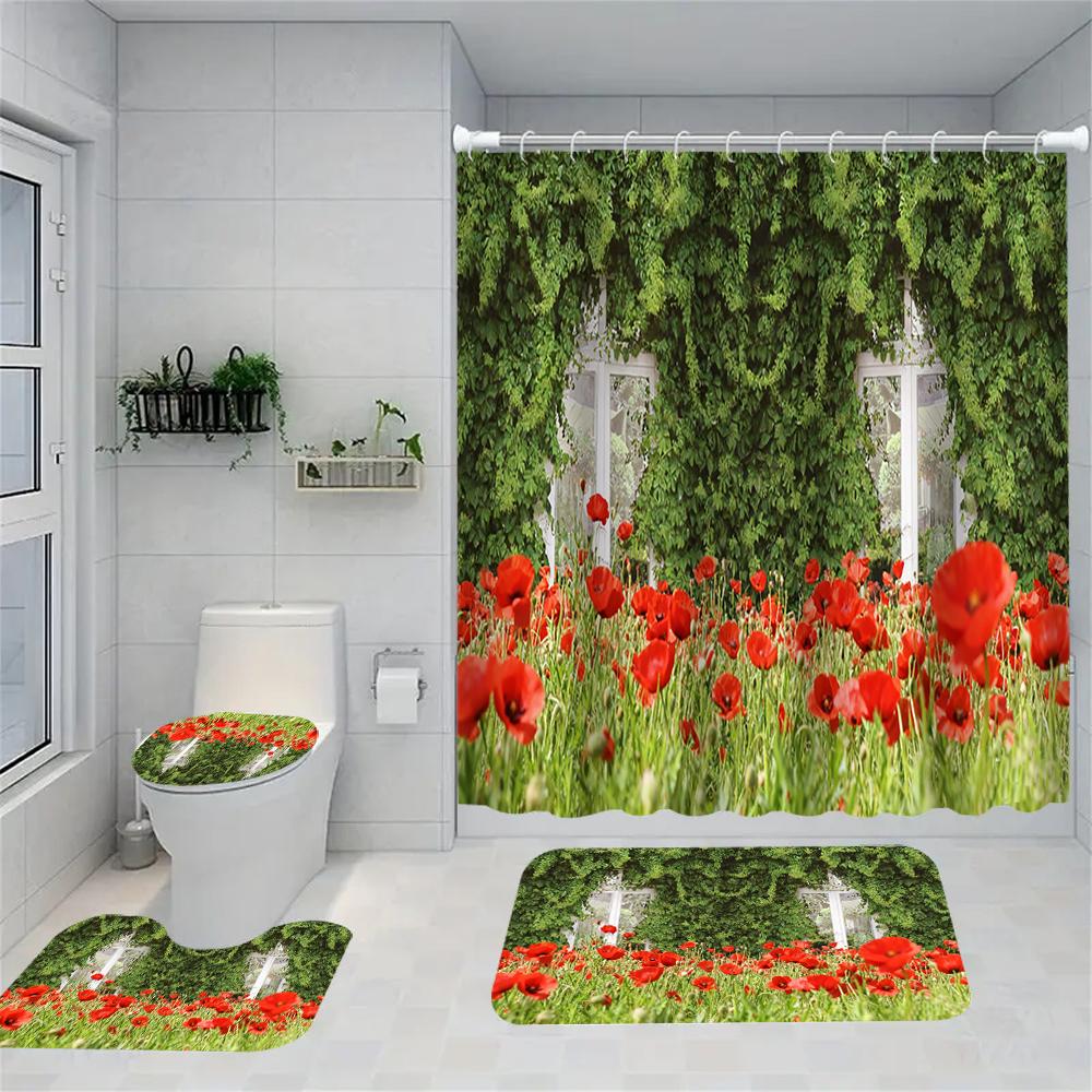 1/4 Forest Waterfall Print Shower Curtains, Toilet Seat Decoration, Shower Curtain with Carpet and Toilet Lid, 70.8x70.8 Inch