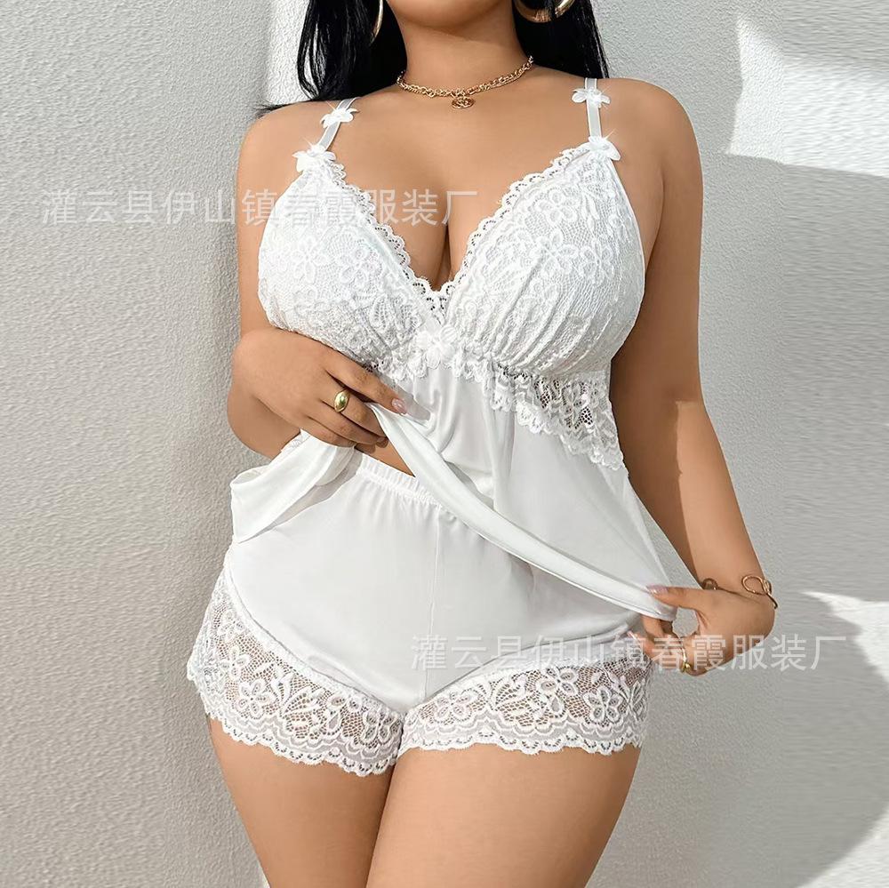 Large size lace sexy pajamas two-piece set sexy suspender shorts set pure loungewear