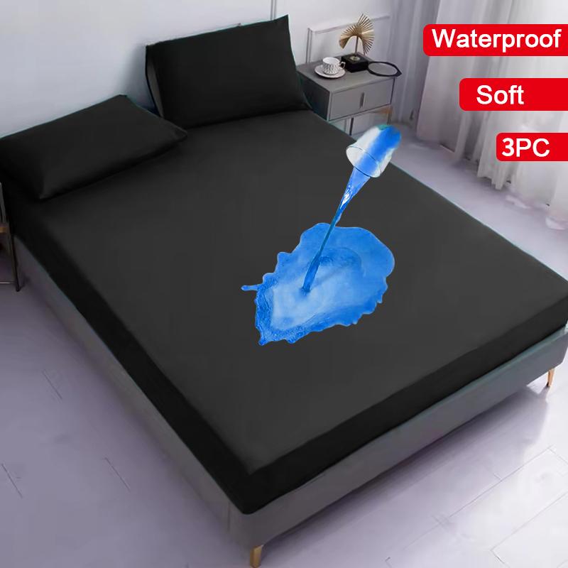 3PC Waterproof Bed Sheet Set Solid Color Moisture-proof Dust-proof Non-slip Mattress Protector Soft Comfortable Bedding Set Deep Pocket Bed Sheet