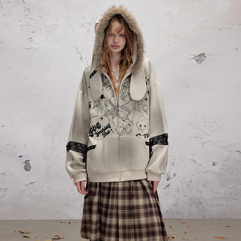 UNIFREE Distressed Faux Fur Collar Hooded Sweatshirt