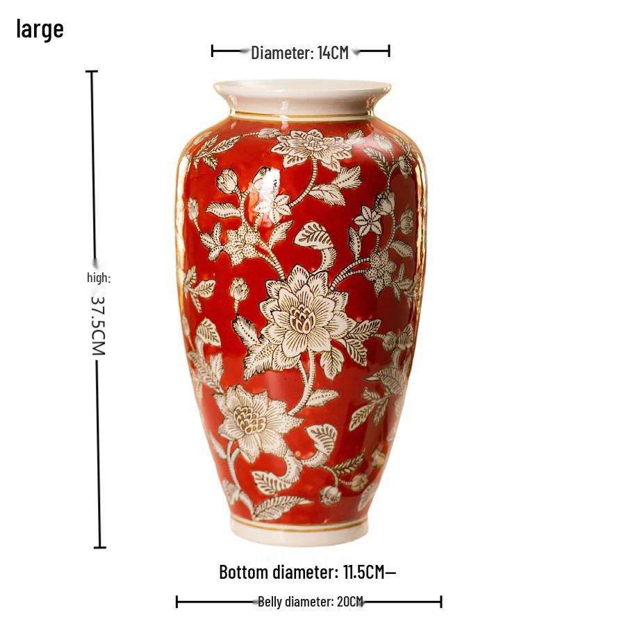 Red New Year Ceramic Vase - Chinese Desktop Ornament for Flowers