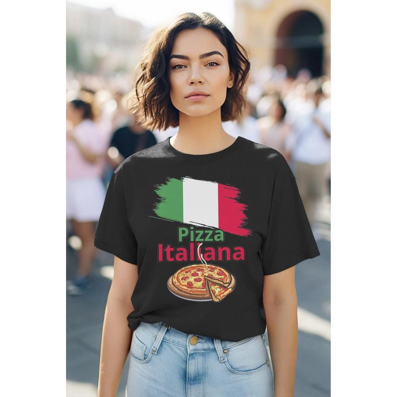 Italian Pizza & Italy Flag T-Shirt For & - Italian Food Theme With Pizza Slice & Italian Text, Casual Short Sleeve Round Neck Tee, Pizza Lover Gift,