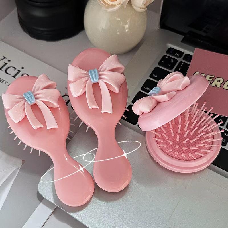 Pink Round Folding Comb With Mirror Portable Bow Decor Anti Static Pocket Hair Brush Cartoon Princess Style Handle Comb Girl
