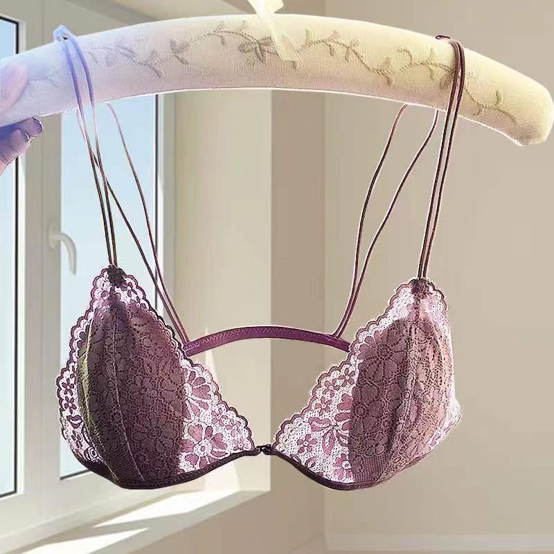 Women's Lace Bra Underwire Less See Through Bra Small Chest Triangle Cup Ultra-thin Lace Bra Pure Desire Beautiful Back Front Buckle Bra