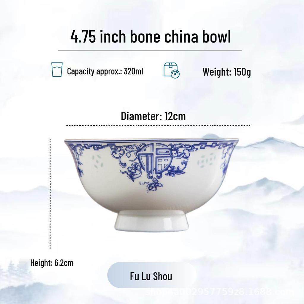 Blue and White High-Foot Bone China Noodle Bowl - Chinese-Style, Anti-Scald, Customizable for Birthdays