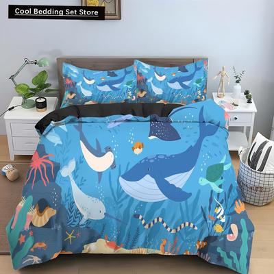 Copripiumino Bule Delfino Balena Re Regina Set Biancheria da Letto Mondo Sottomarino Copripiumino Animale Marino Cartone Animato Copripiumino Poliestere