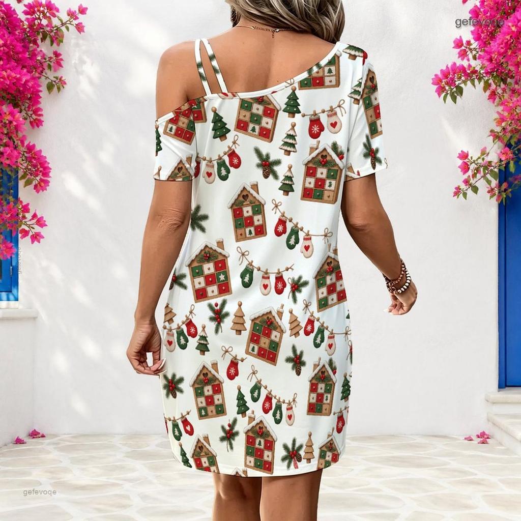 Women Plus Size One Shoulder Single Strap Short Sleeve White Printed Loose Dress