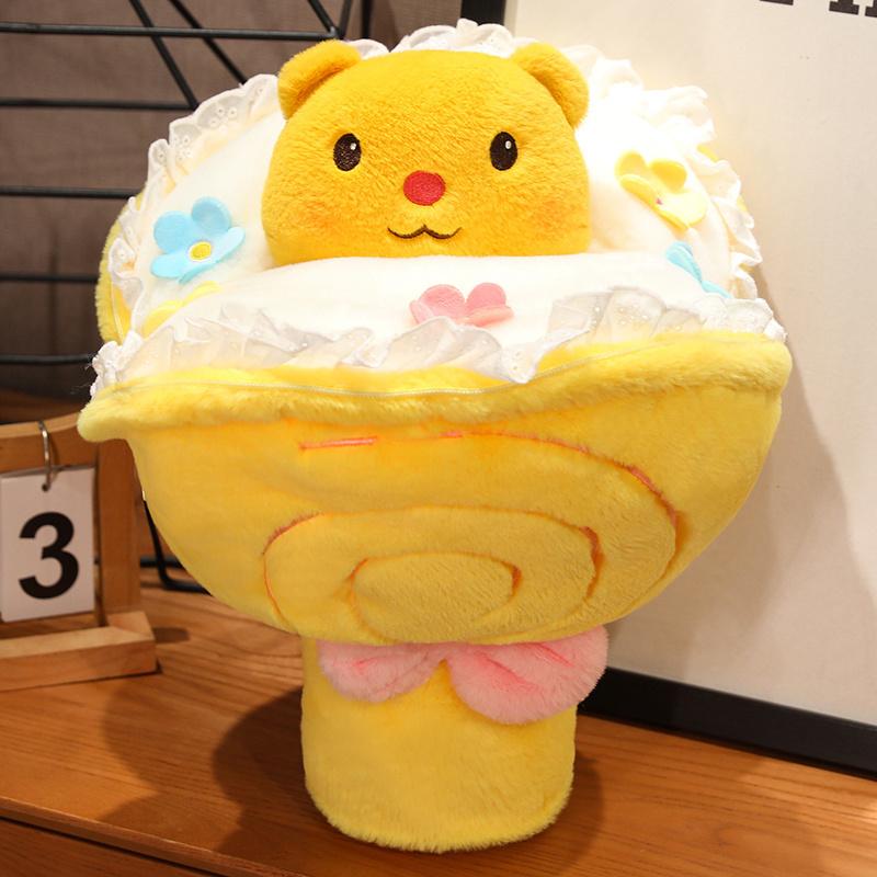 

35 см креативная милая плюшевая игрушка свинья кролик медведь держит цветы в руке игрушка забавный букет превращается в подушку украшение для дома подарок 35X40X40cm жёлтый