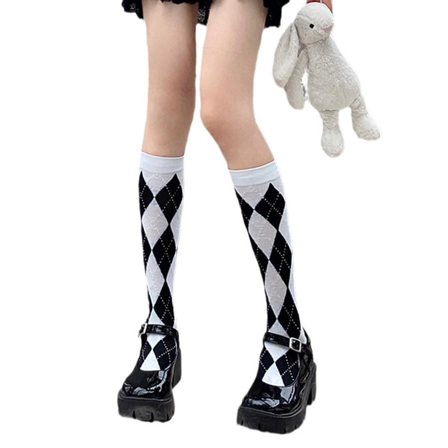 Women's Black and White Diamond Knee-High Socks - Trendy Japanese JK Style for Autumn and Winter