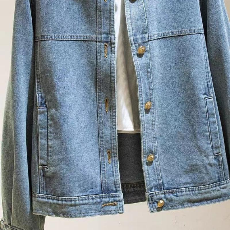 Stand-up Collar Retro High Coat Autumn Loose Versatile and Thin Jacket Top Minimal Round Collar Vintage Light Wash Gold Button Cropped Denim Jacket