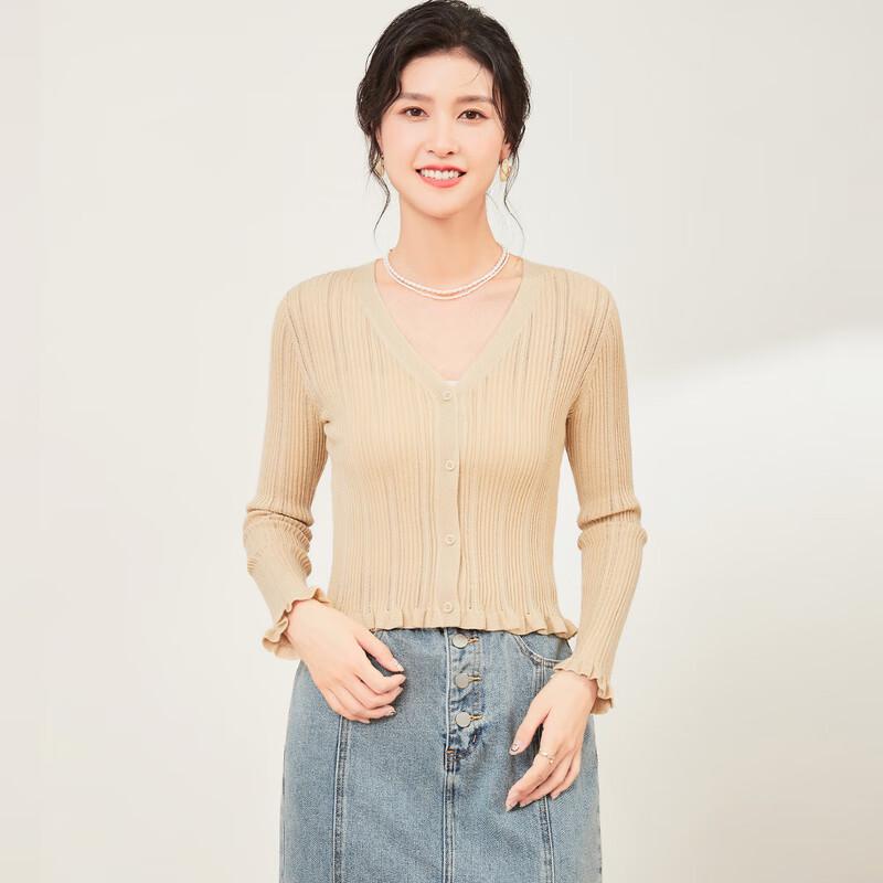 

Women s Silk Blend V-Neck Openwork Knit Cardigan L