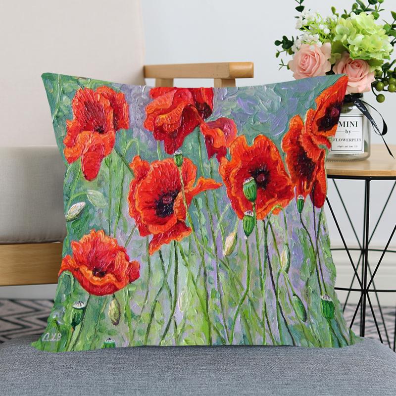Red Poppy Flower Print Pattern Pillow Case Home Living Room Sofa Bedroom Decoration Soft Throw Square