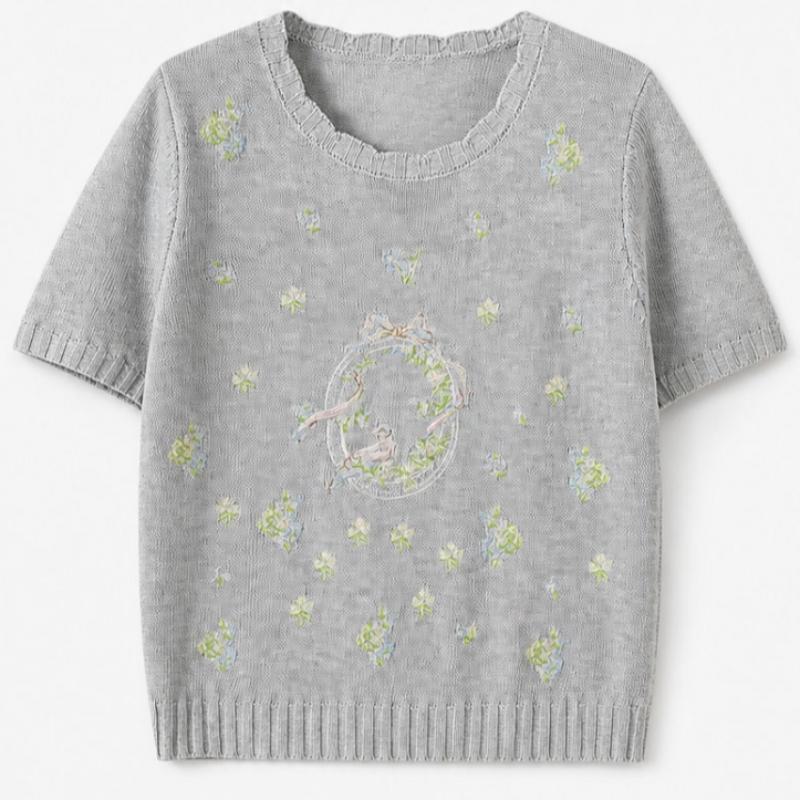 Maribon Flower Embroidery Round Short Sleeve Knit Choice Of 3