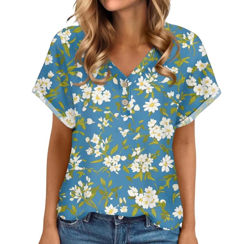 Ladies Casual Fashion V-Neck Button Floral Print Short Sleeve Top
