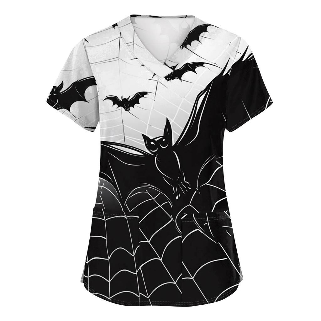 Women's Fashion V-neck Short-sleeved Work Uniform With Pockets, Halloween Print Top