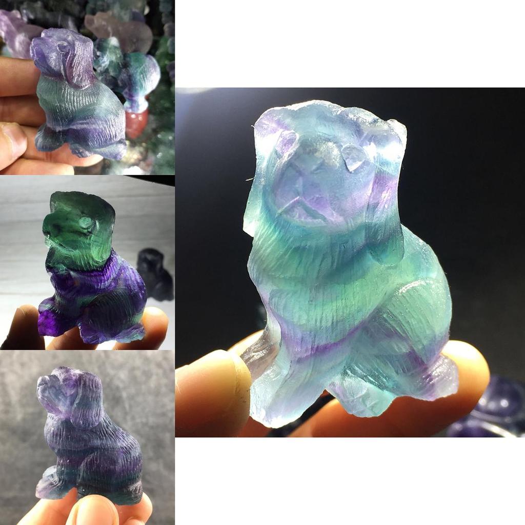 Unique Natural Colourful Fluorite Quartz Crystal Dog Hand-carved Healing Home Decor Piece