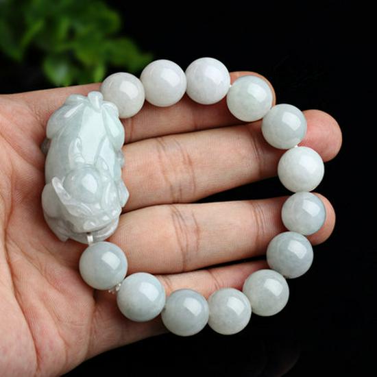 Certified A-Grade Burmese Jade Pixiu Bracelet with Round Beads