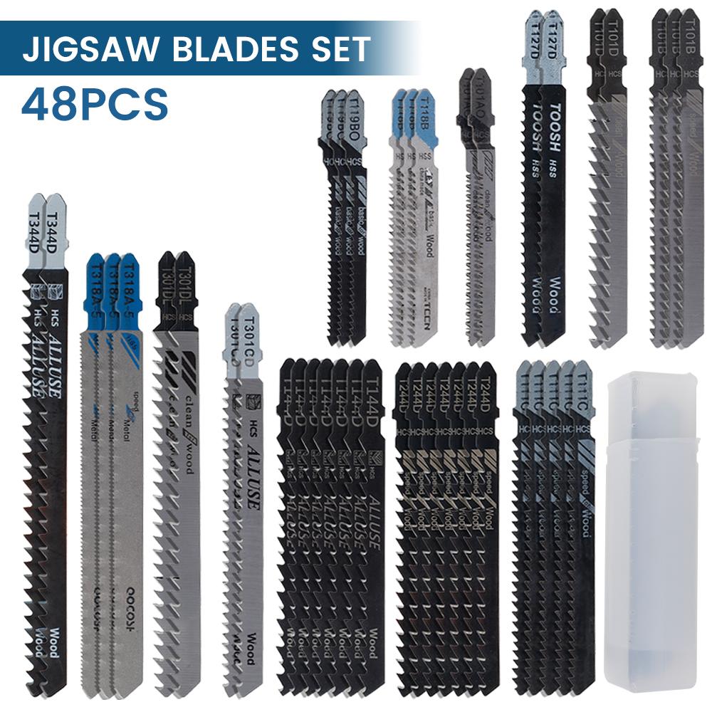 16/48Pcs Jigsaw Blades Set T-Shaft HCS Assorted Jig Saw Blades Metal Cutting Power Tool HCS for Wood Plastic and Metal Cutting