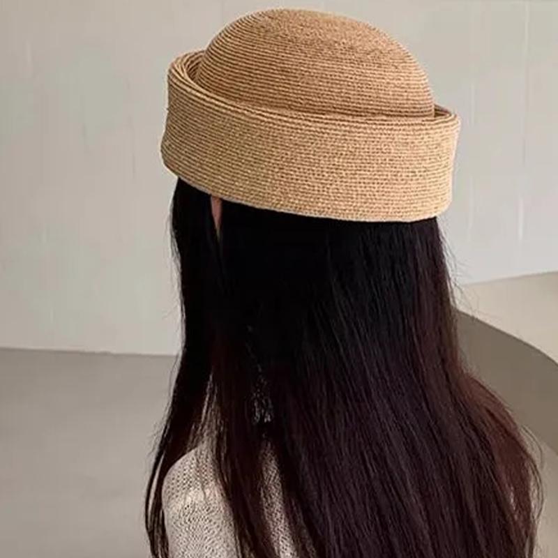 Sombreros de Sol Artísticos de Painter Berets Pillbox Hat Tejido de Paja de Papel Weave Círculo Cóncavo Superior Sombrero de Paja para Mujer