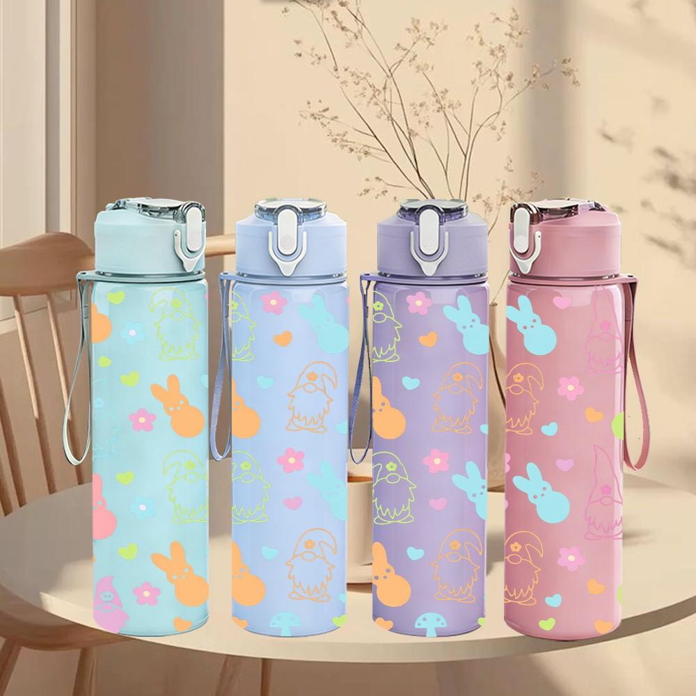 1PC Easter Bunny Egg Cute Doodle Pattern 750ml Color Plastic Sports Water Bottle Leakproof Flip Straw Lid Suitable for Sports Office Home Use