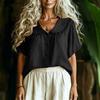 Women's Casual Short Sleeve Shirt Loose Fit Button Down Blouse with Ruffle Trim Collar Lightweight Summer Top