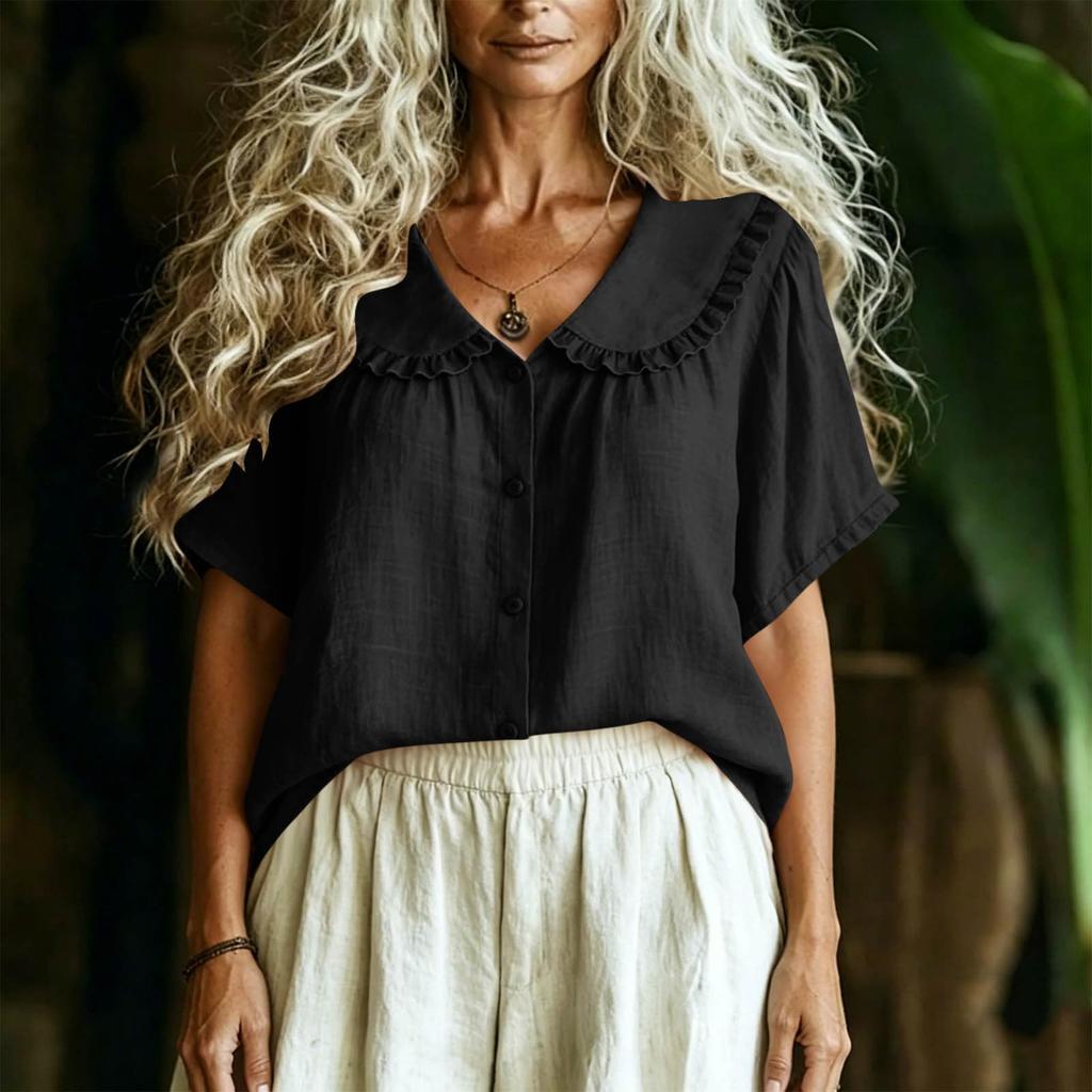 Women's Casual Short Sleeve Shirt Loose Fit Button Down Blouse with Ruffle Trim Collar Lightweight Summer Top