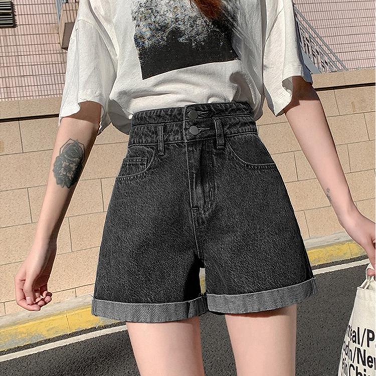 Classic and Minimalist Fashion Versatile Women's High Waist Summer Skinny Rolled Edge Loose A-line Wide Leg Outside Wear Denim Shorts Individuality