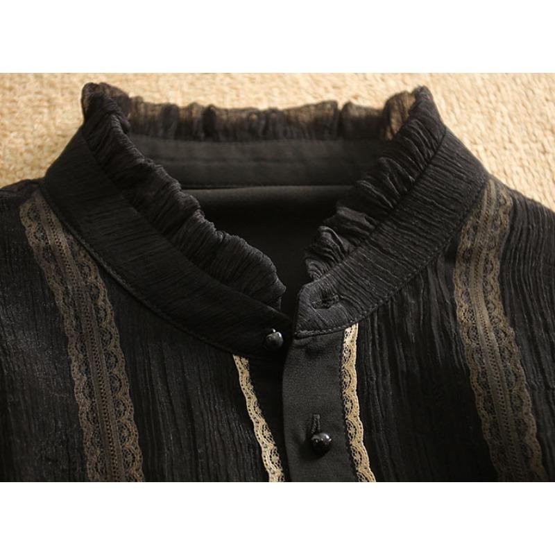 Black Fungus Spitzenbesetztes Stehkragen-Doppellagiges Einreihiges Langarmhemd für Damen Frühherbst Neues Oberteil