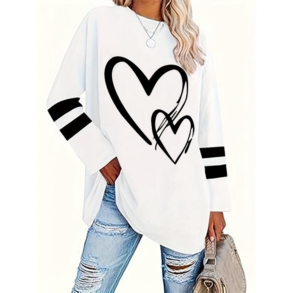 Women's Long Sleeved T-shirt with Heart-shaped and Striped Design, Round Neck All Season Top
