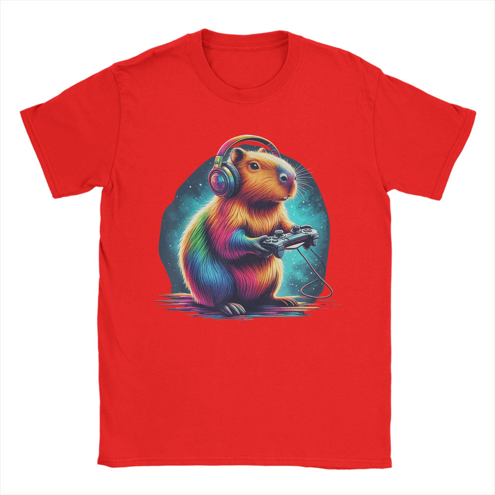 Capybara Gaming Video Game Colorful Capybara Gamer Mens T Shirt Amazing Tee Shirt Short Sleeve Round Collar TShirts Cotton S