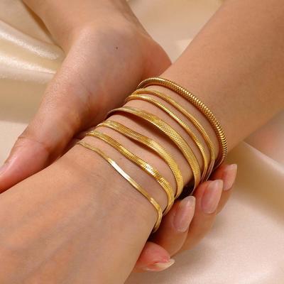 Edelstahlarmband 18K Gold Damen, Kettengliederkette, Flache Schlangenkette, Schlangenkette Personalisierte Stapelbare Accessoires
