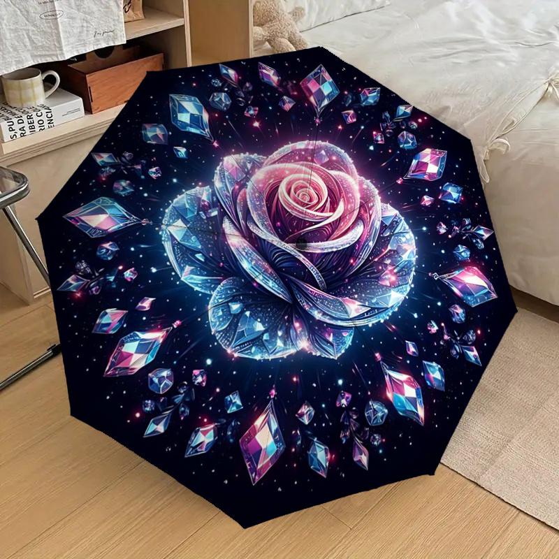 Crystal Rose Automatic Folding Umbrella: Portable 3-Fold Design with 8-Bone Iron Frame, Perfect for Outdoor Use, Festive Gifts, Travel, Dail