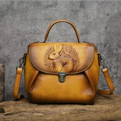 Rabbit Embossed Handbag Genuine Leather Retro Women Bag Versatile Real Cowhide Handmade Shoulder Bags