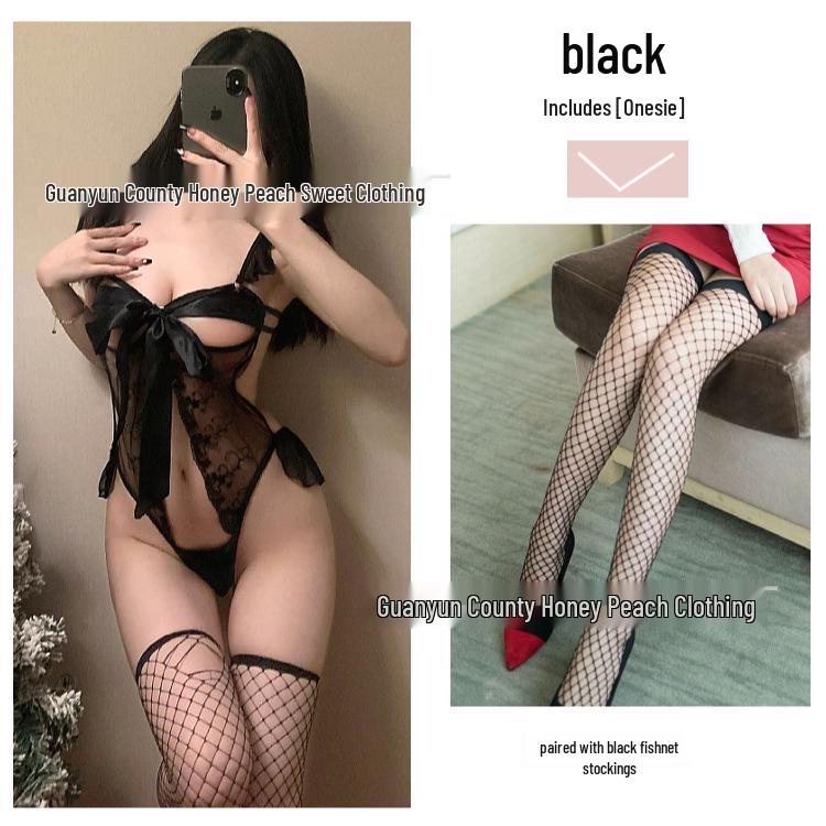 Red Transparent Backless Bow Tie Bodysuit - Open Crotch, Sexy Lingerie for Christmas & New Year