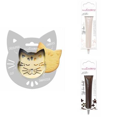 Kit para biscoito em relevo Gato + 2 Canetas de chocolate branco e marrom