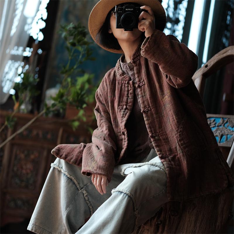 Retro Literary Chinese-Style Stand-Up Collar Frog Button Loose Cotton Coat for Women