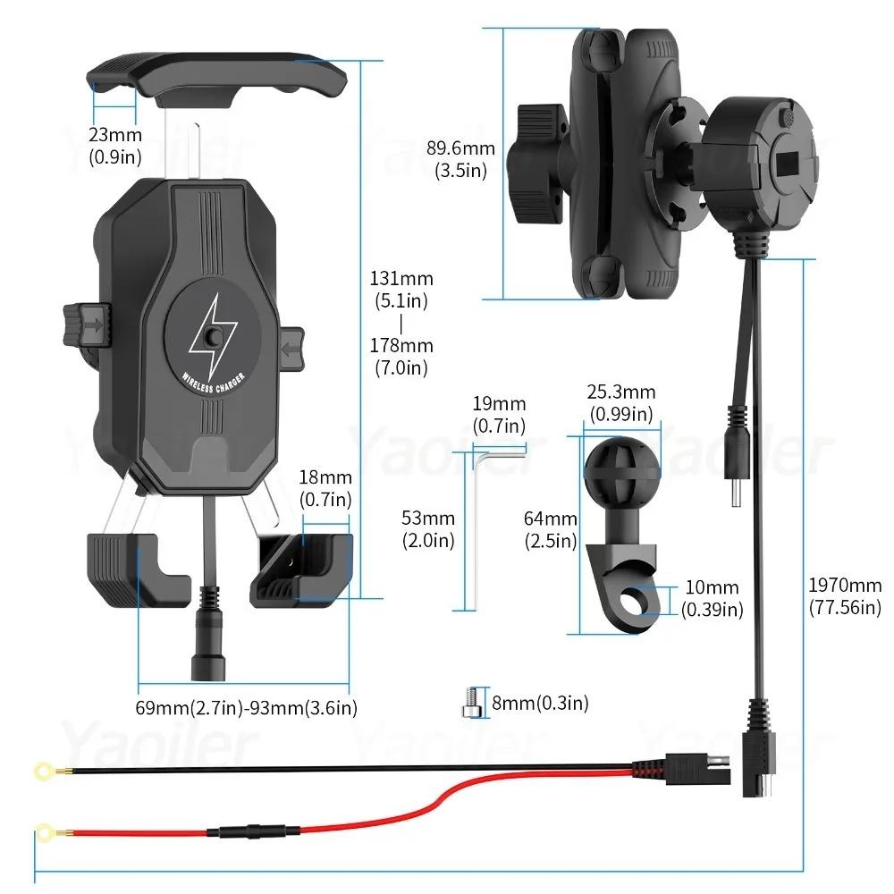Motorcycle Phone Holder 15W Wireless Charger Motorbike Shock-absorbing Handlebar Mount with C Type Fast Charging Cellphone Stand