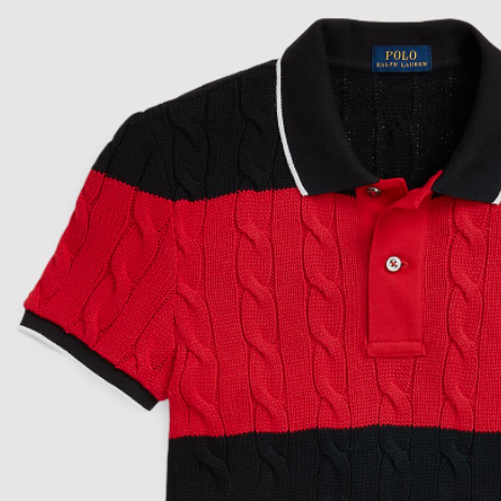 Polo Ralph Lauren SS24 Color Block Striped Cable Knit Logo Embroidered Slim Fit Short Sleeve Polo Shirt Women Tops Black WMPOKNINCU20898-001