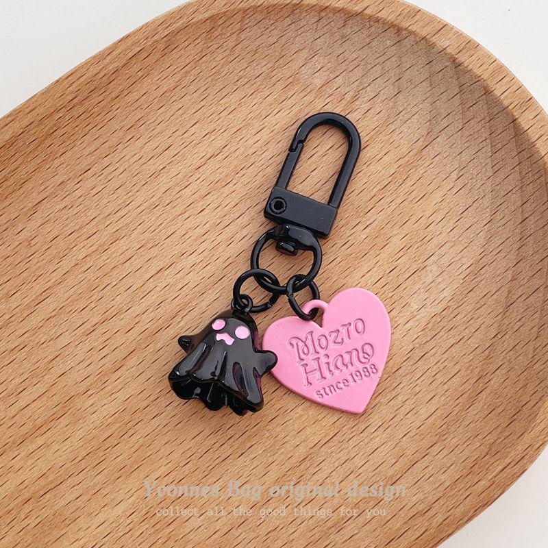 Sweet Little Ghost Heart Pendant Keychain - Pink & Black Round Buckle