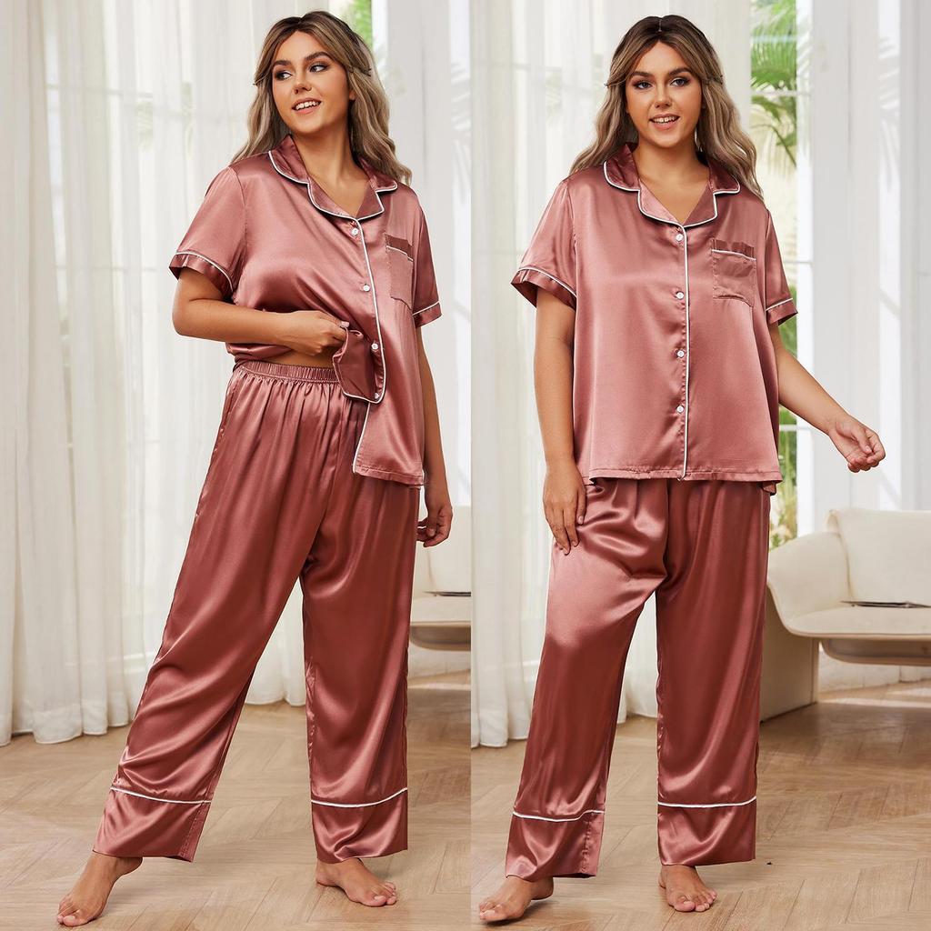 Schlafanzüge für Damen in Übergröße, Hemd- und Hosenset aus Kunstseide, Satin, große Größe, Pyjama, Frühlings- und Sommerkleidung, Nachtwäsche, Freizeitkleidung für zu Hause