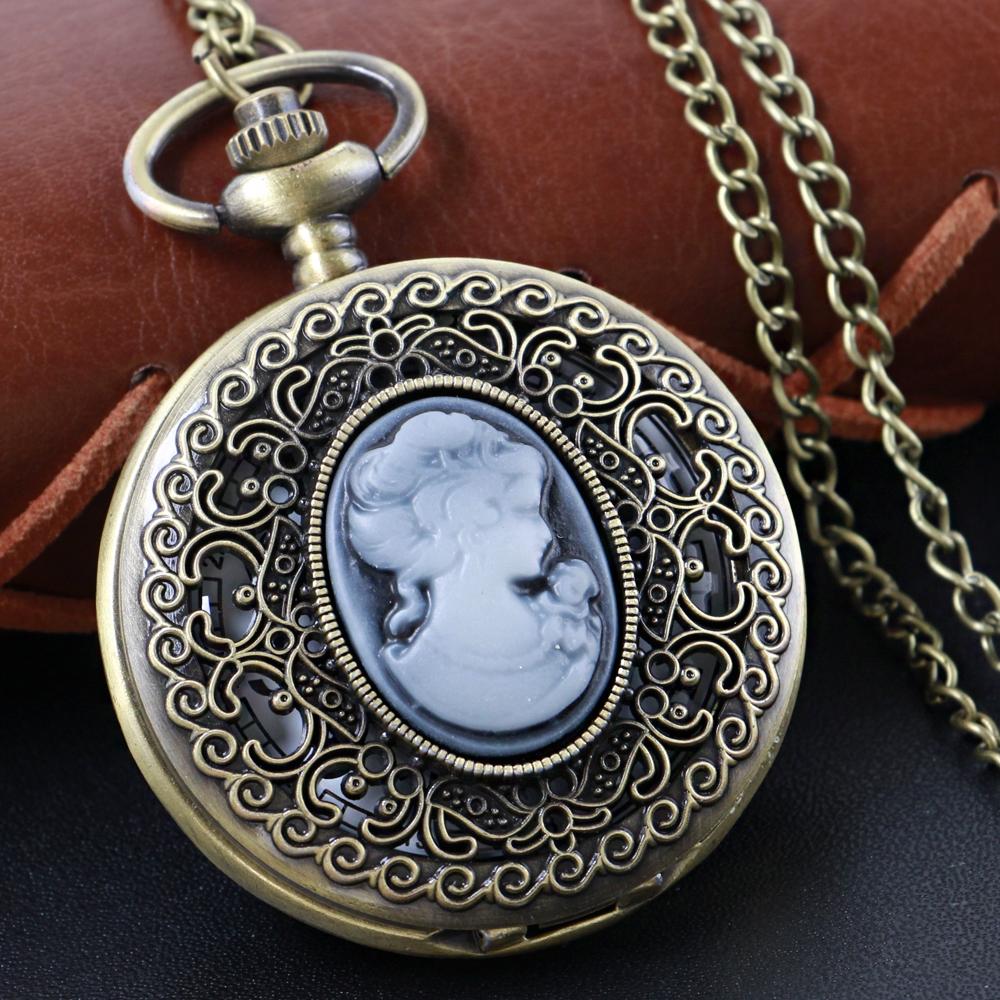 

Classic Goddess Head Embossed Quartz Pocket Watch Red Ancient Pendant Necklace Chain Universal Fob Watch for Boys and Girls бронзовий